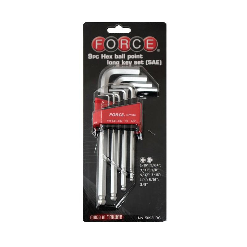 FORCE 5093LBS JUEGO 9 LLAVE ALLEN LARGOS C/BOLA 1/16 /3/8